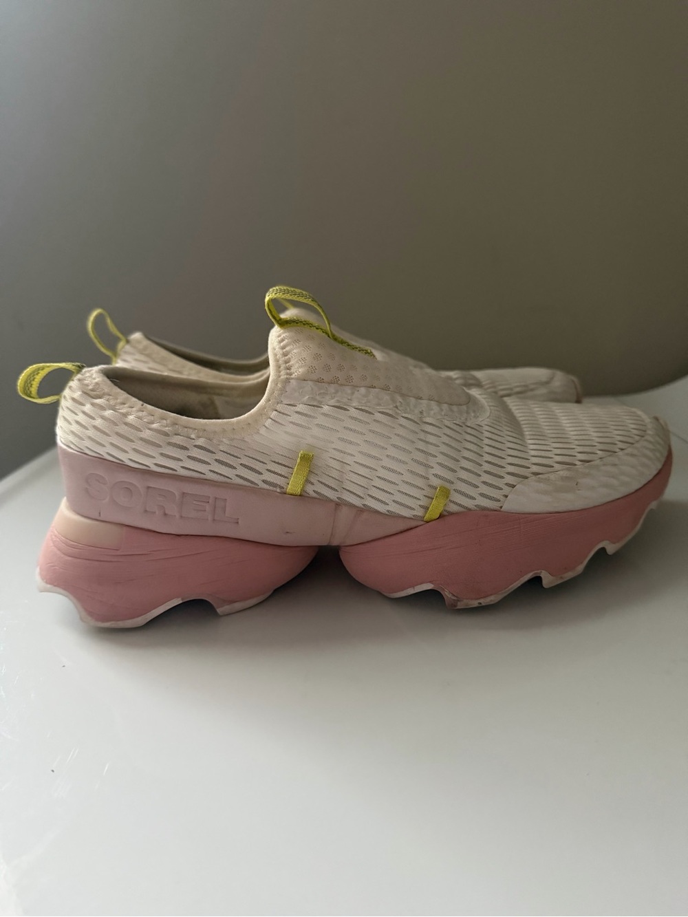Sorel Slip-On Mesh Sneakers in Cream with Pink Sole and Yellow Accents